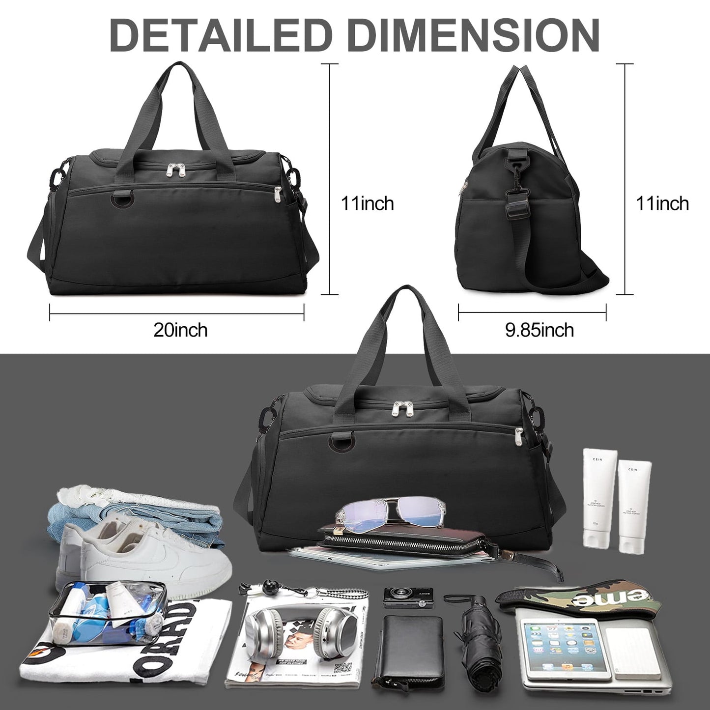 Travel Duffle Bag Gym Bags with Shoe Compartment Wet Pocket Waterproof for Weekender Overnight Gym Sports Traveling Swimming Yoga Workout, Black