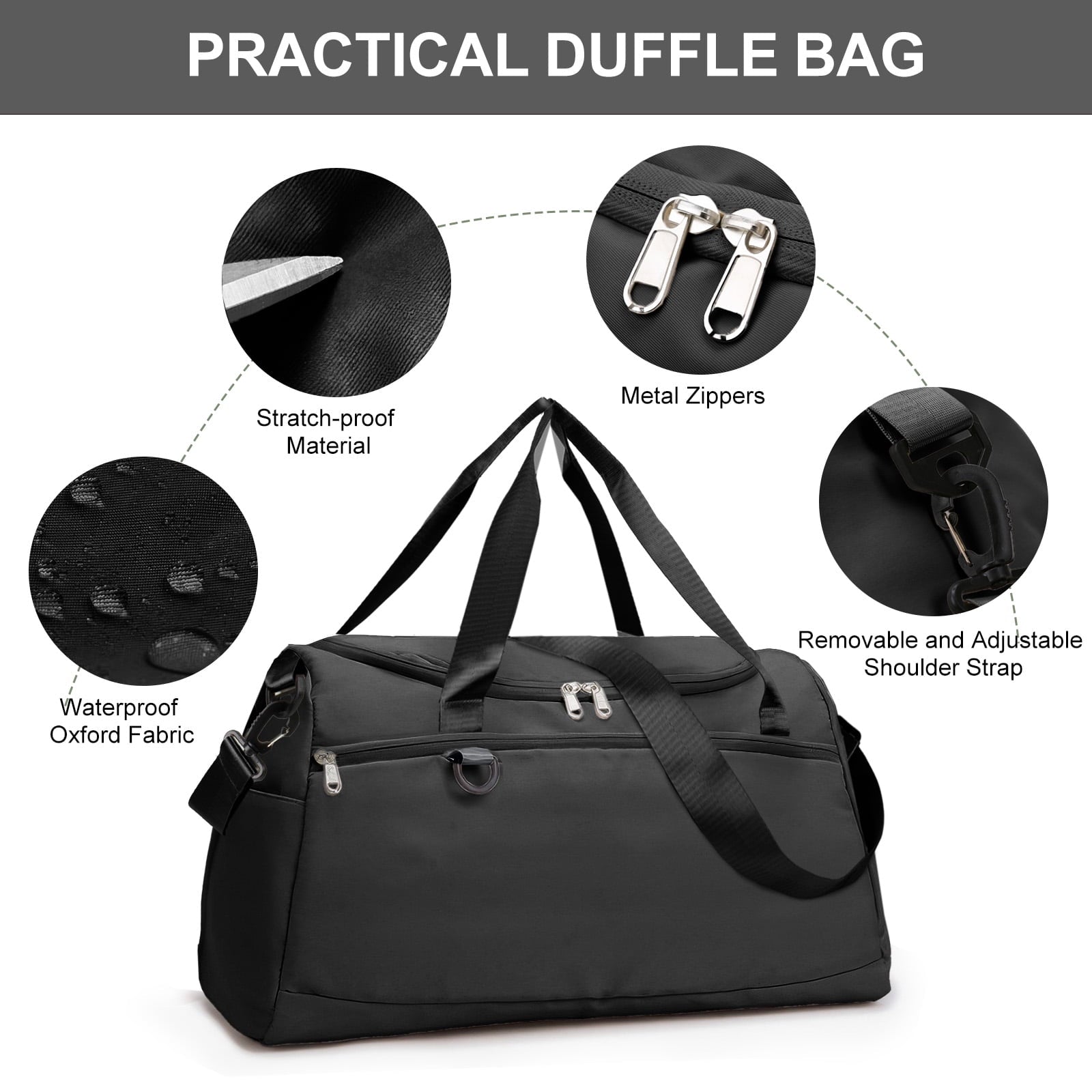 Travel Duffle Bag Gym Bags with Shoe Compartment Wet Pocket Waterproof for Weekender Overnight Gym Sports Traveling Swimming Yoga Workout, Black