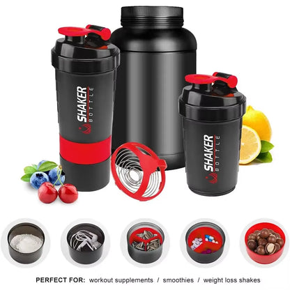 500Ml Layered Protein Bottle Powder Shaker with Powder Storage Container Large Water Bottle Water Bottle with Wire Stirring Ball